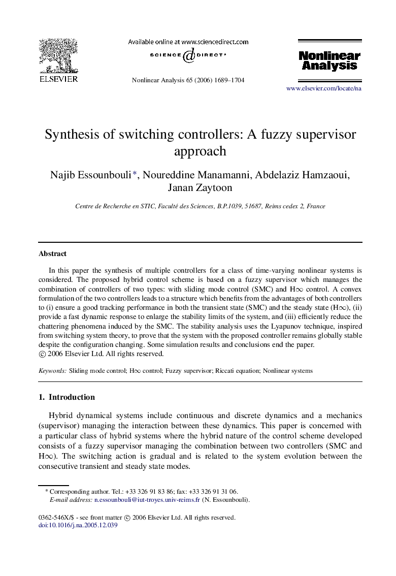 Synthesis of switching controllers: A fuzzy supervisor approach