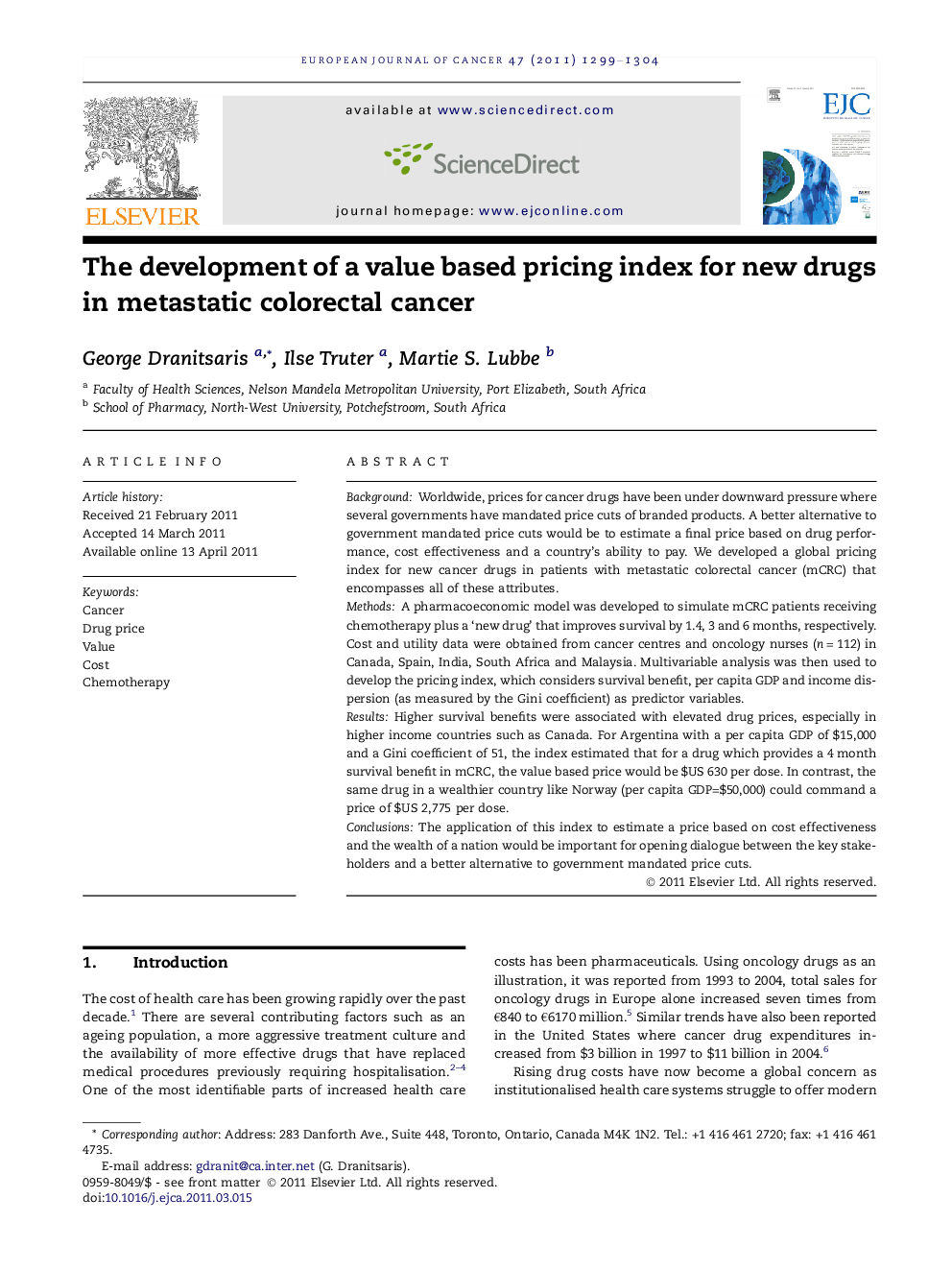 The development of a value based pricing index for new drugs in metastatic colorectal cancer