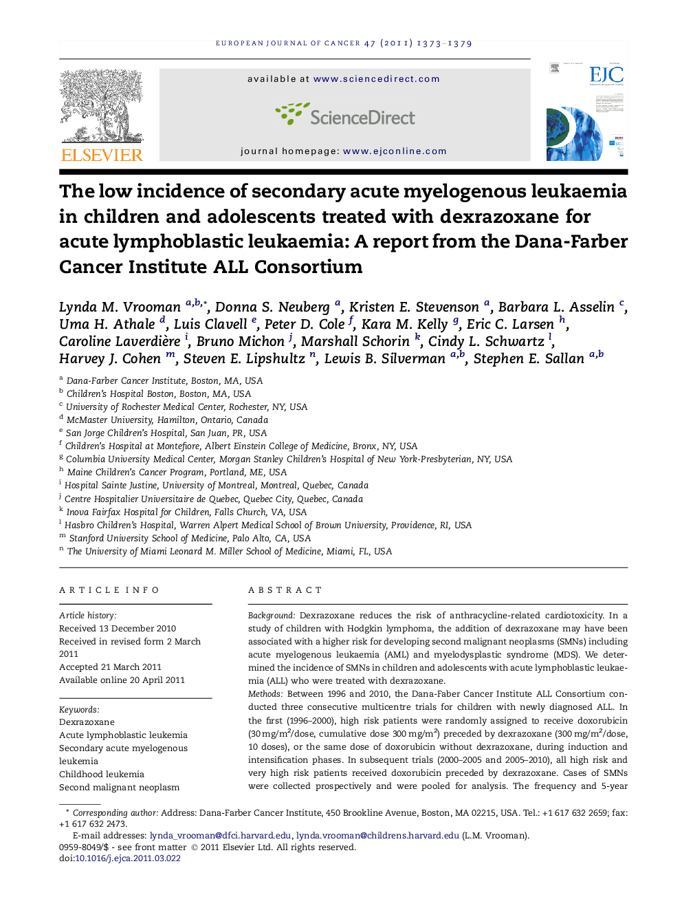 The low incidence of secondary acute myelogenous leukaemia in children and adolescents treated with dexrazoxane for acute lymphoblastic leukaemia: A report from the Dana-Farber Cancer Institute ALL Consortium