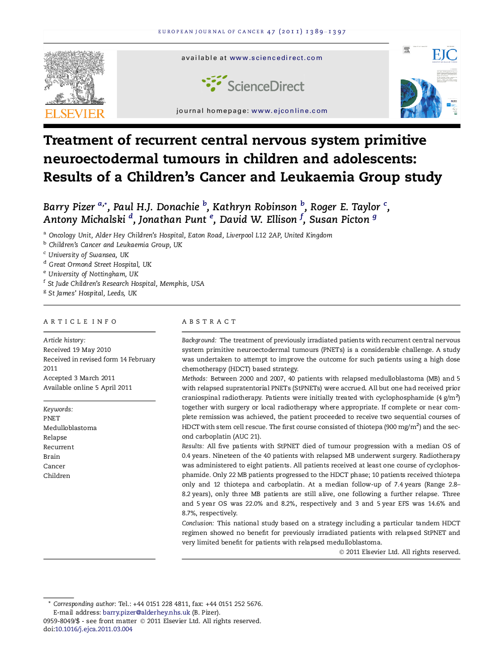 Treatment of recurrent central nervous system primitive neuroectodermal tumours in children and adolescents: Results of a Children's Cancer and Leukaemia Group study