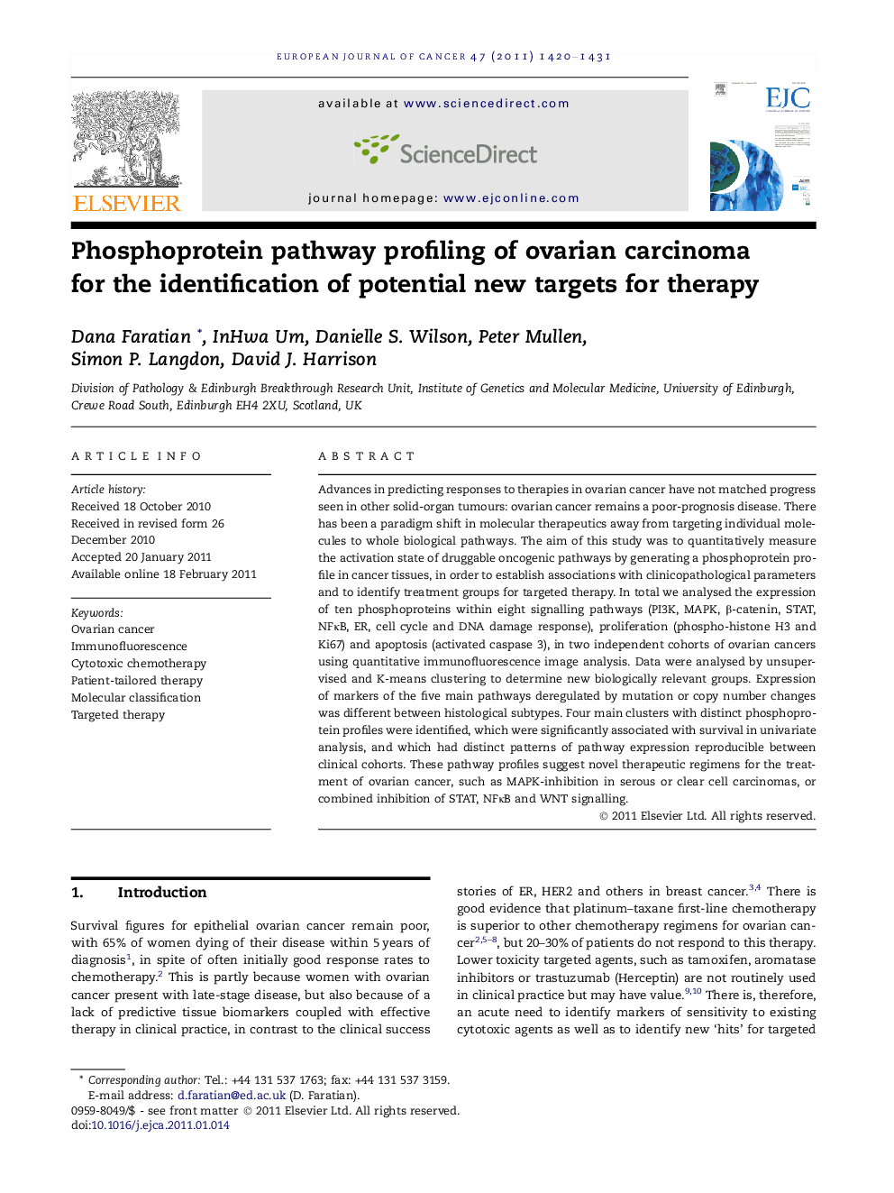 Phosphoprotein pathway profiling of ovarian carcinoma for the identification of potential new targets for therapy