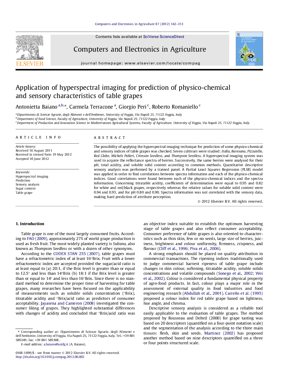 Application of hyperspectral imaging for prediction of physico-chemical and sensory characteristics of table grapes