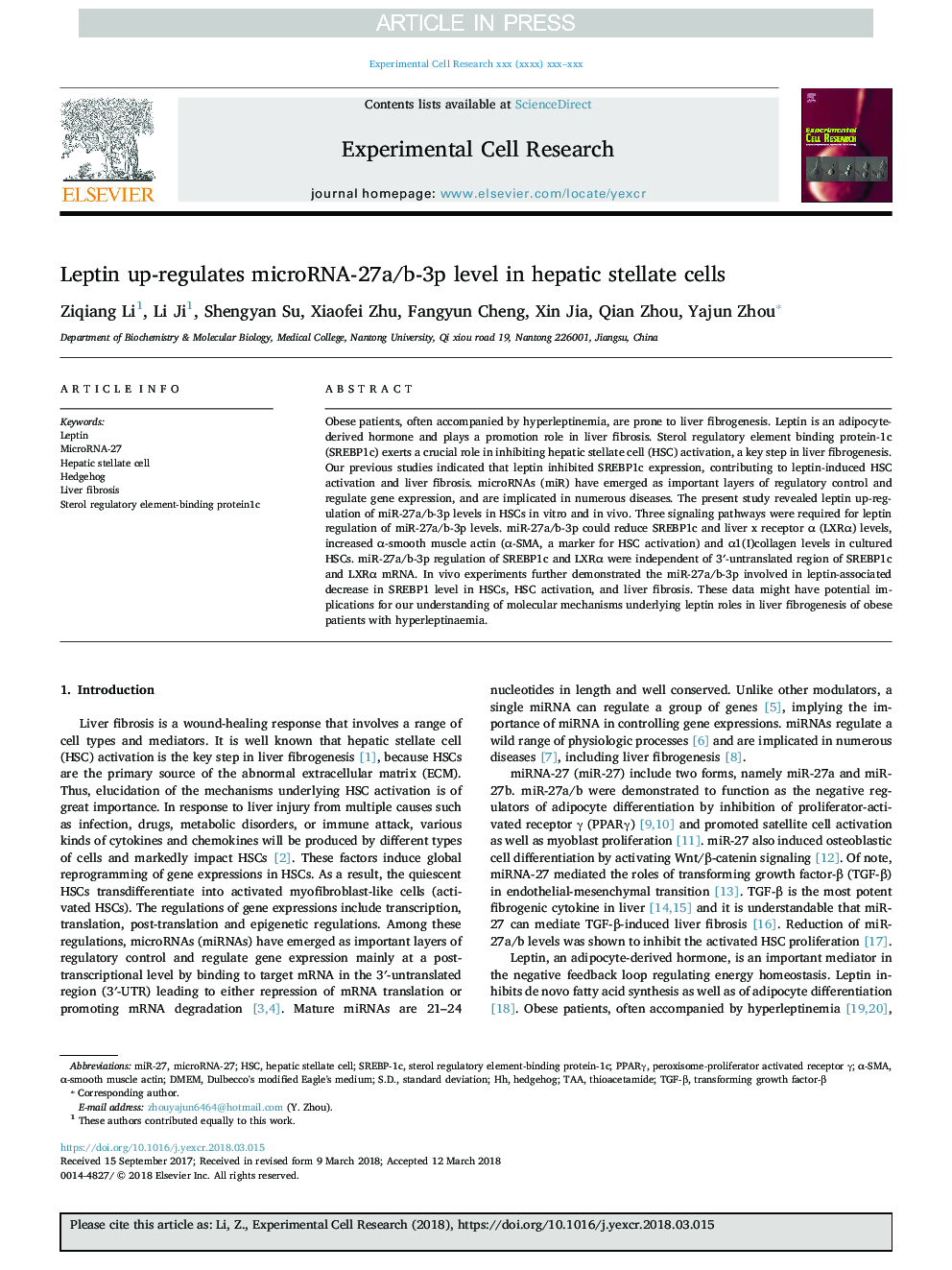 Leptin up-regulates microRNA-27a/b-3p level in hepatic stellate cells