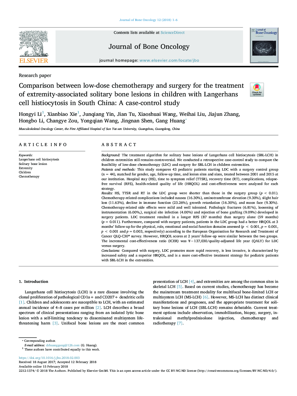 مقایسه مقادیر شیمی درمانی و جراحی برای درمان ضایعات استخوانی انحصاری استخوان در کودکان مبتلا به هیستوسیتوز سلول لانگرهانس در جنوب چین: یک مطالعه مورد- شاهدی 