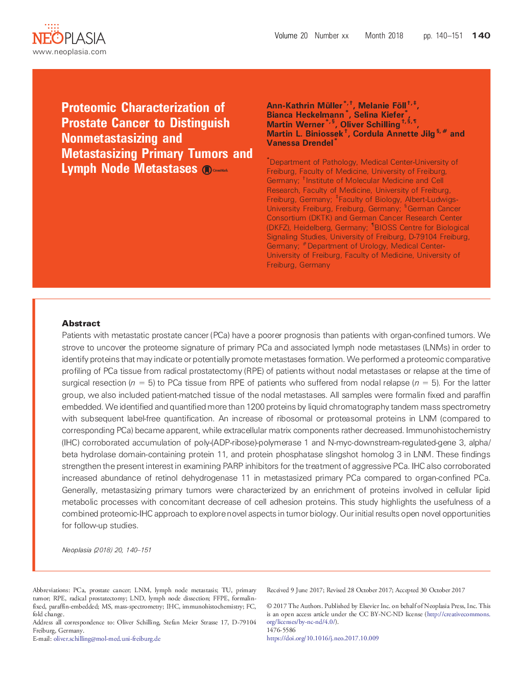 تشخیص پروتئومیکای سرطان پروستات به منظور تشخیص تومورهای اولیه غیر متاستاز و متاستاز و متاستازهای گره لنفاوی 