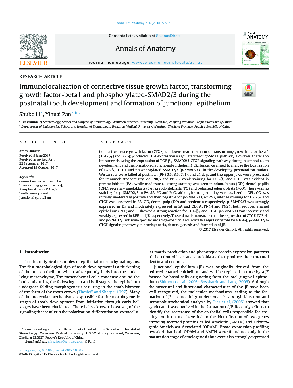 Immunolocalization of connective tissue growth factor, transforming growth factor-beta1 and phosphorylated-SMAD2/3 during the postnatal tooth development and formation of junctional epithelium