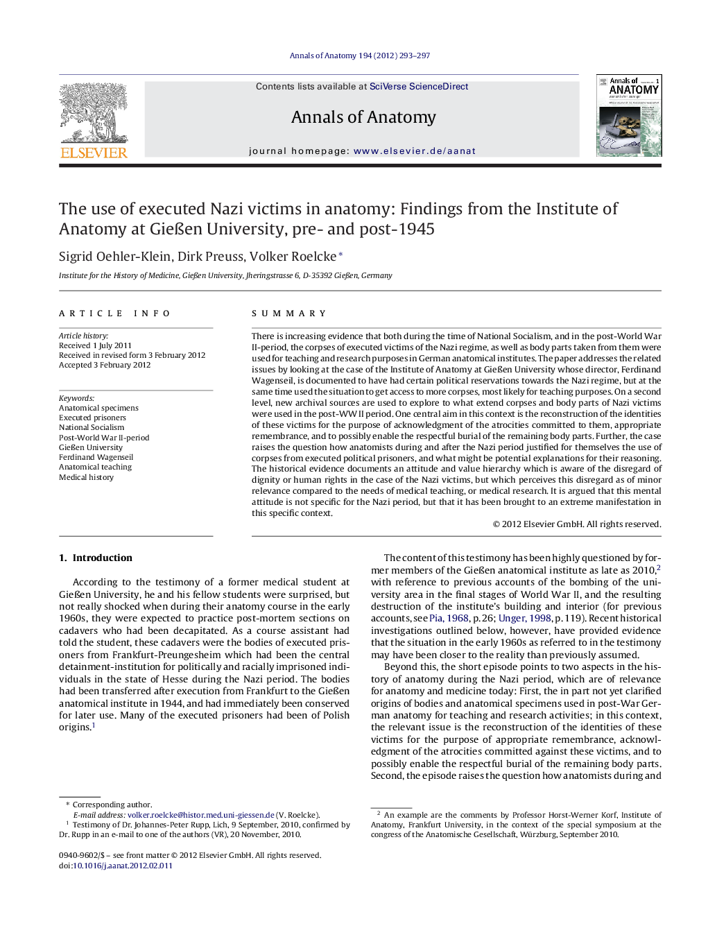 The use of executed Nazi victims in anatomy: Findings from the Institute of Anatomy at GieÃen University, pre- and post-1945