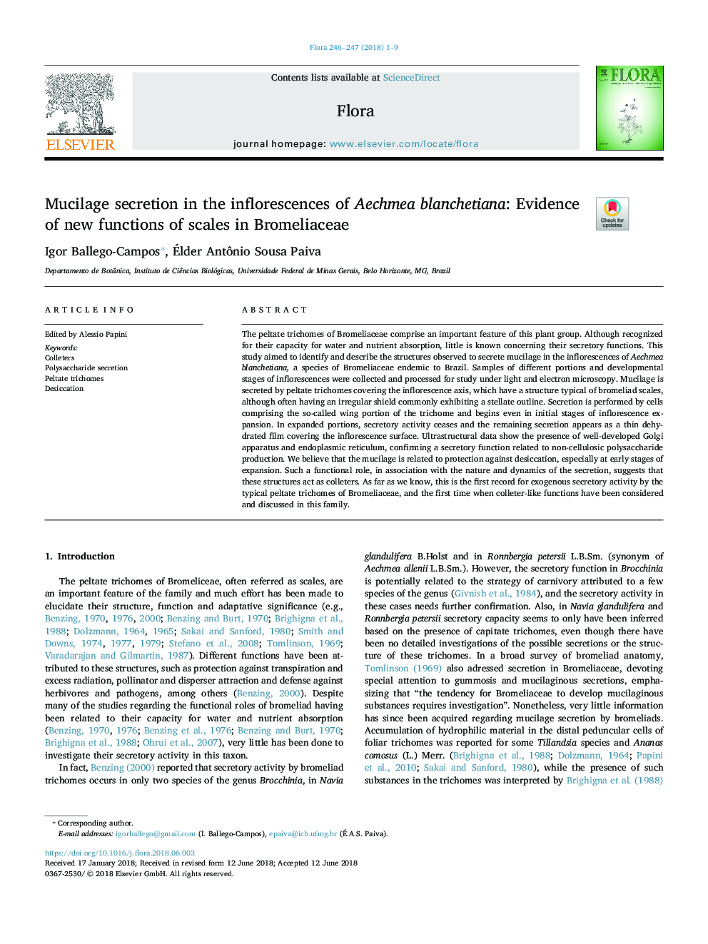 Mucilage secretion in the inflorescences of Aechmea blanchetiana: Evidence of new functions of scales in Bromeliaceae