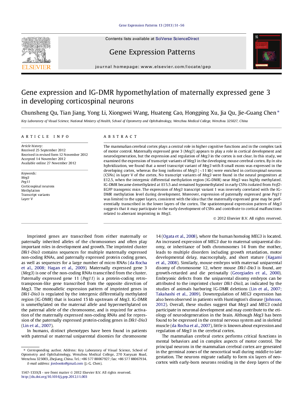 Gene expression and IG-DMR hypomethylation of maternally expressed gene 3 in developing corticospinal neurons