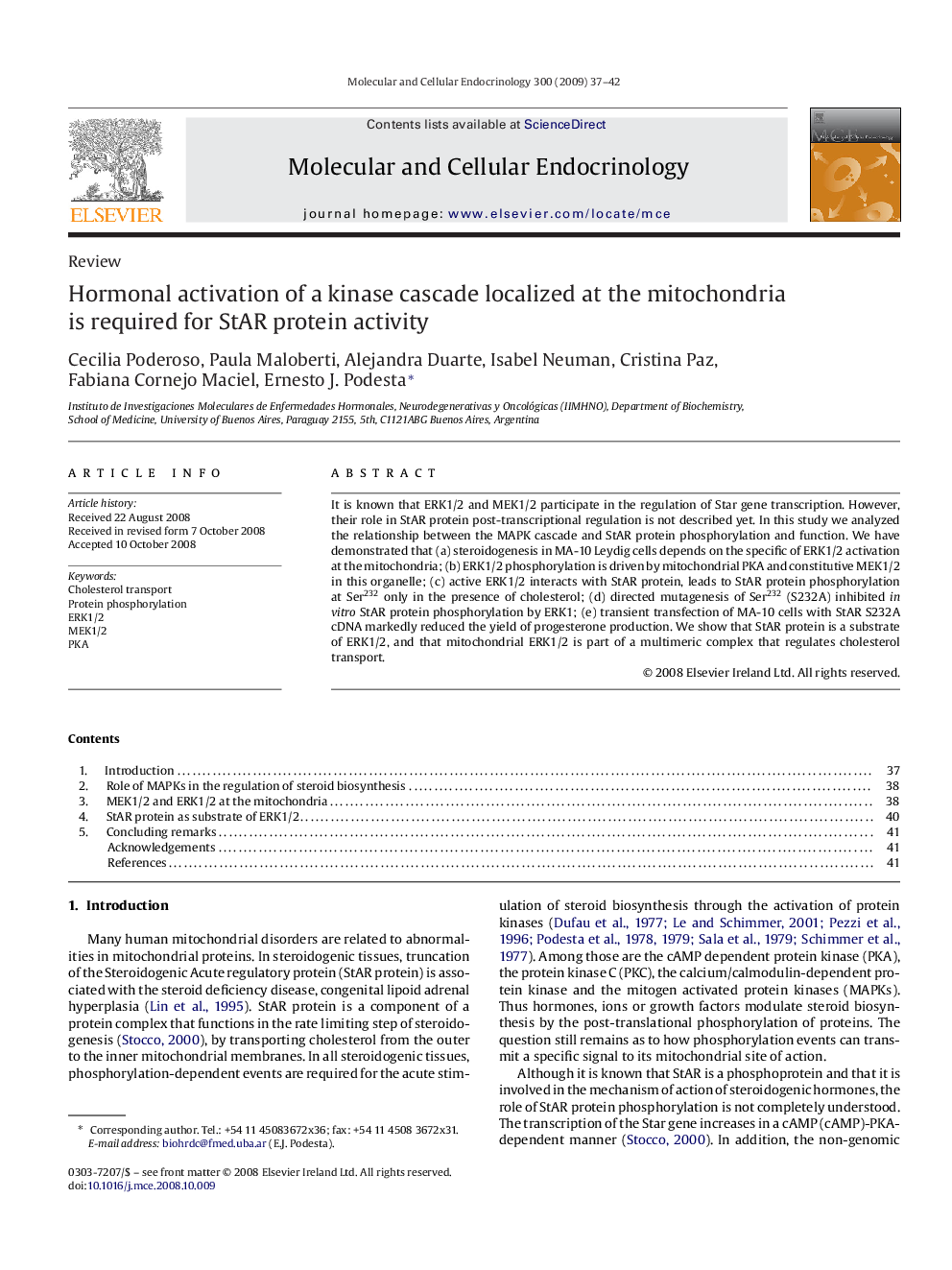 Hormonal activation of a kinase cascade localized at the mitochondria is required for StAR protein activity