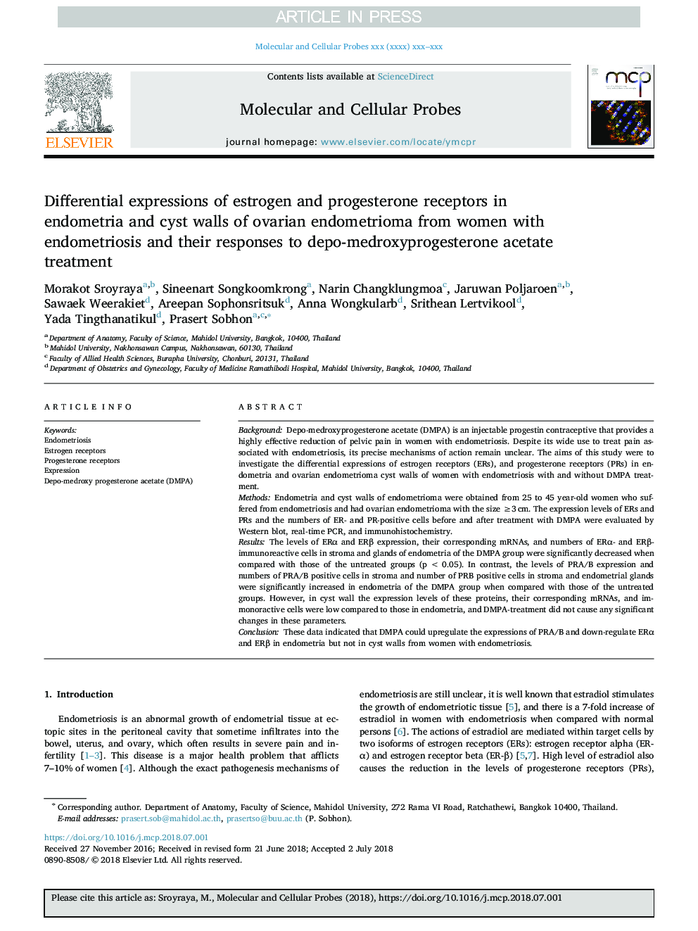 Differential expressions of estrogen and progesterone receptors in endometria and cyst walls of ovarian endometrioma from women with endometriosis and their responses to depo-medroxyprogesterone acetate treatment