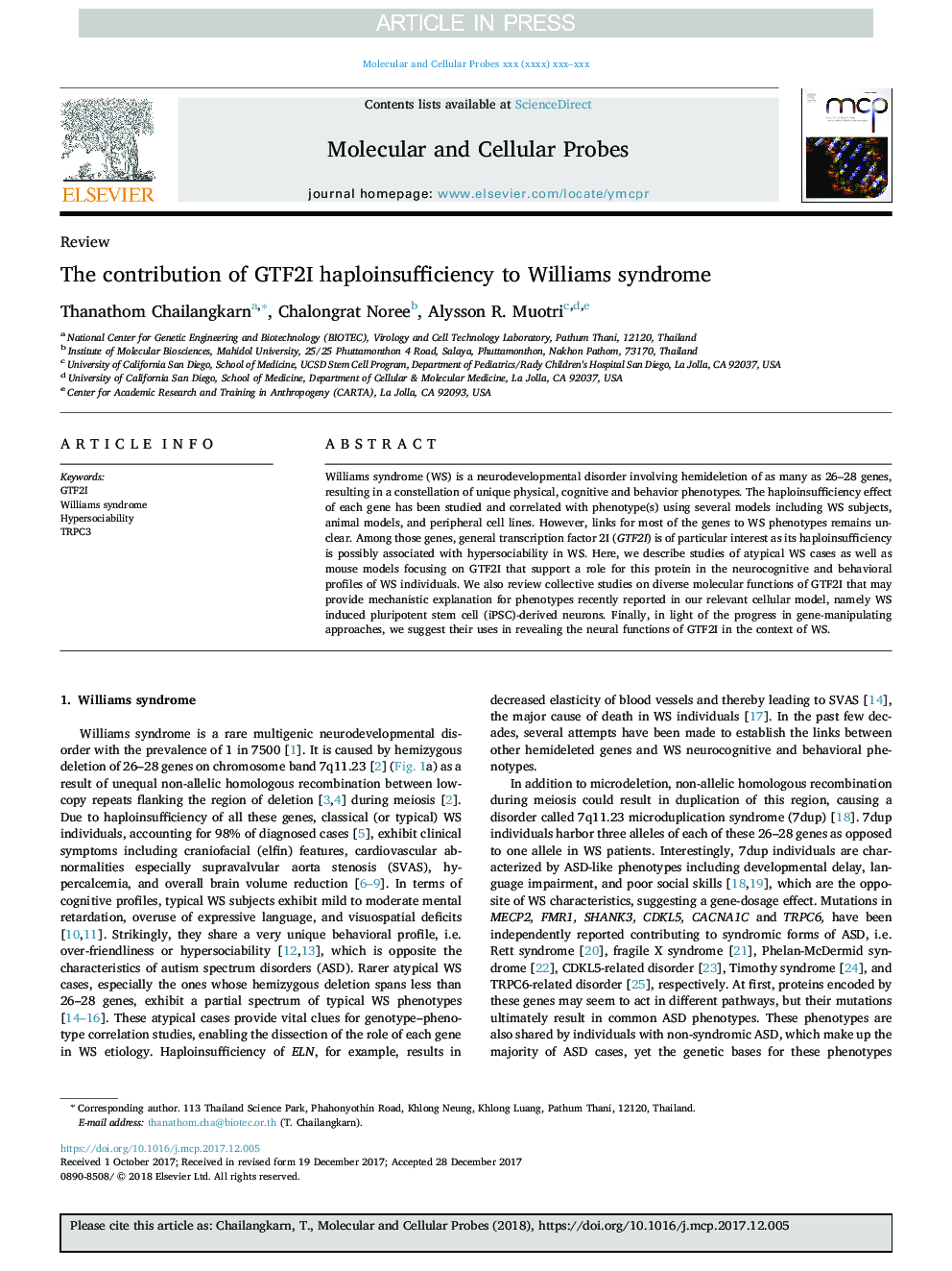 The contribution of GTF2I haploinsufficiency to Williams syndrome