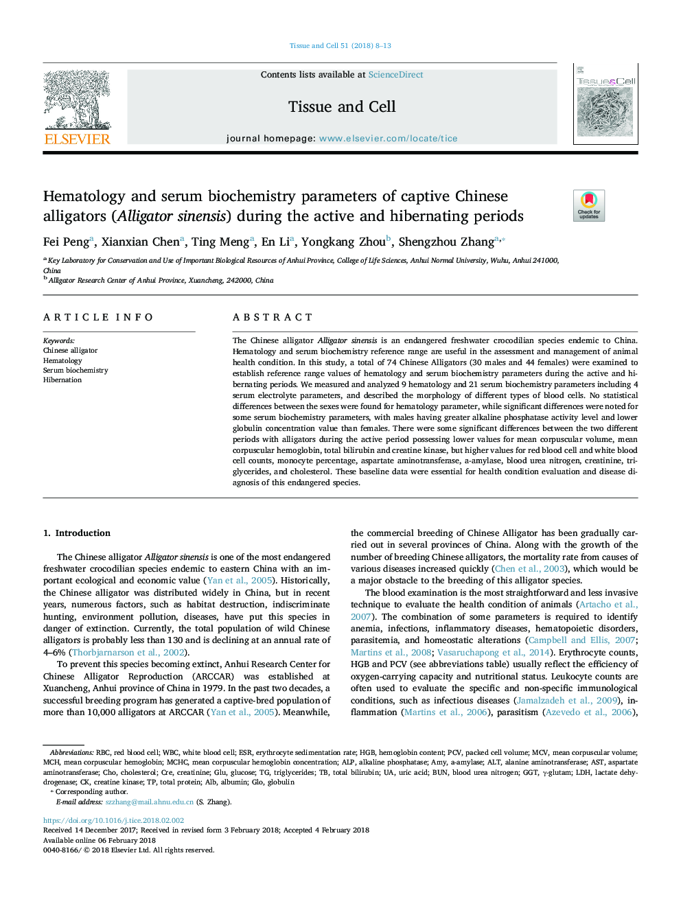 Hematology and serum biochemistry parameters of captive Chinese alligators (Alligator sinensis) during the active and hibernating periods