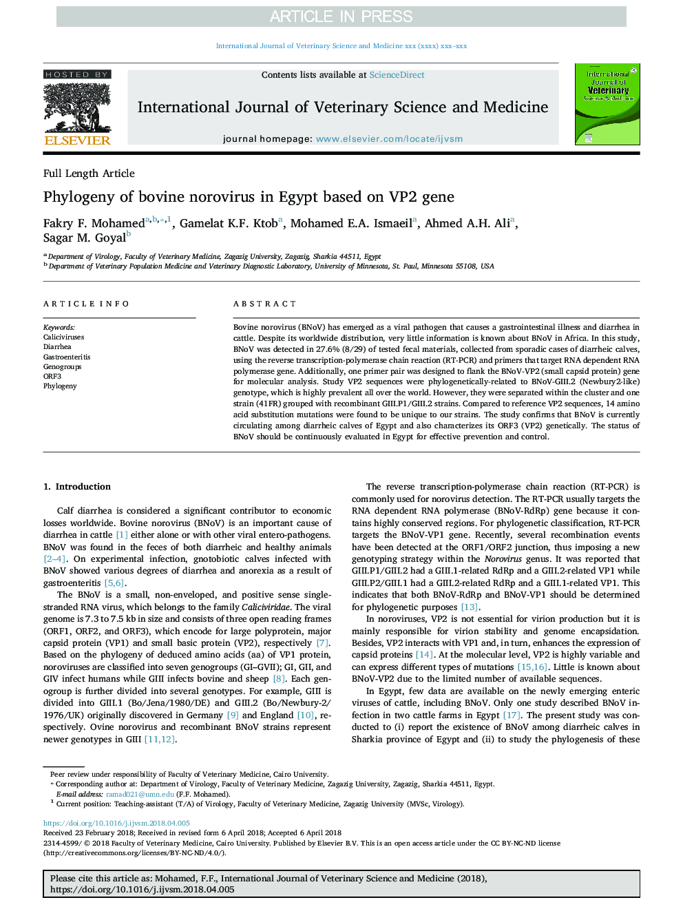 Phylogeny of bovine norovirus in Egypt based on VP2 gene