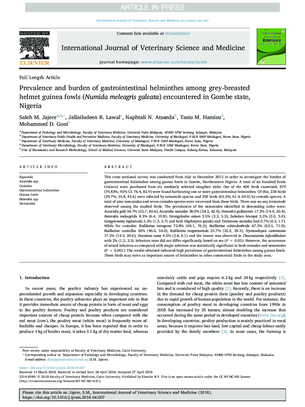 Prevalence and burden of gastrointestinal helminthes among grey-breasted helmet guinea fowls (Numida meleagris galeata) encountered in Gombe state, Nigeria