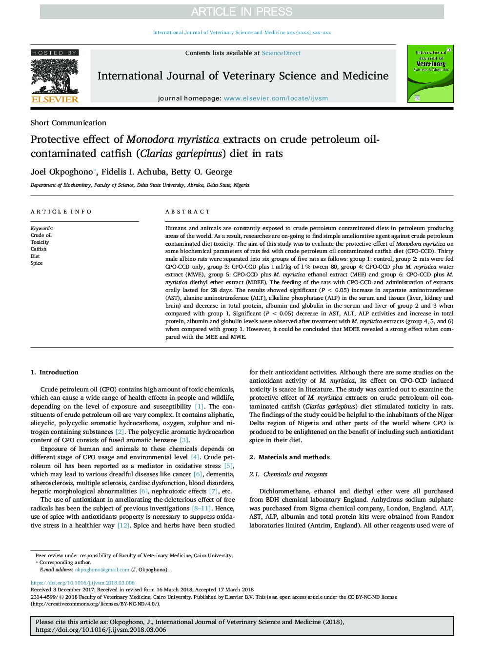 Protective effect of Monodora myristica extracts on crude petroleum oil-contaminated catfish (Clarias gariepinus) diet in rats