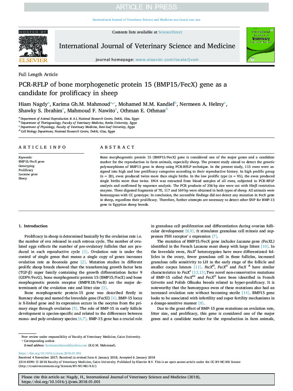 PCR-RFLP of bone morphogenetic protein 15 (BMP15/FecX) gene as a candidate for prolificacy in sheep