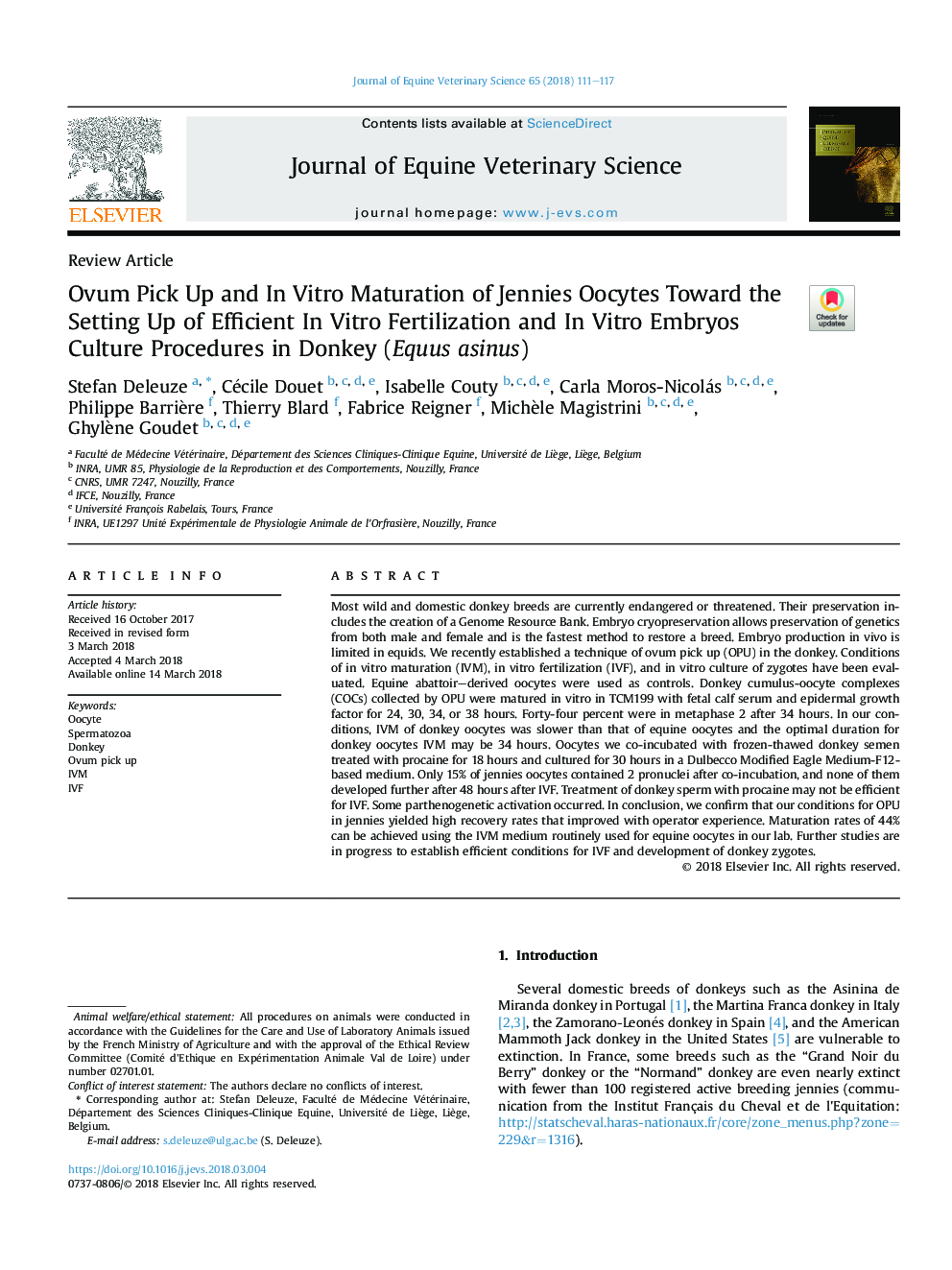 Ovum Pick Up and InÂ Vitro Maturation of Jennies Oocytes Toward the Setting Up of Efficient InÂ Vitro Fertilization and InÂ Vitro Embryos Culture Procedures in Donkey (Equus asinus)