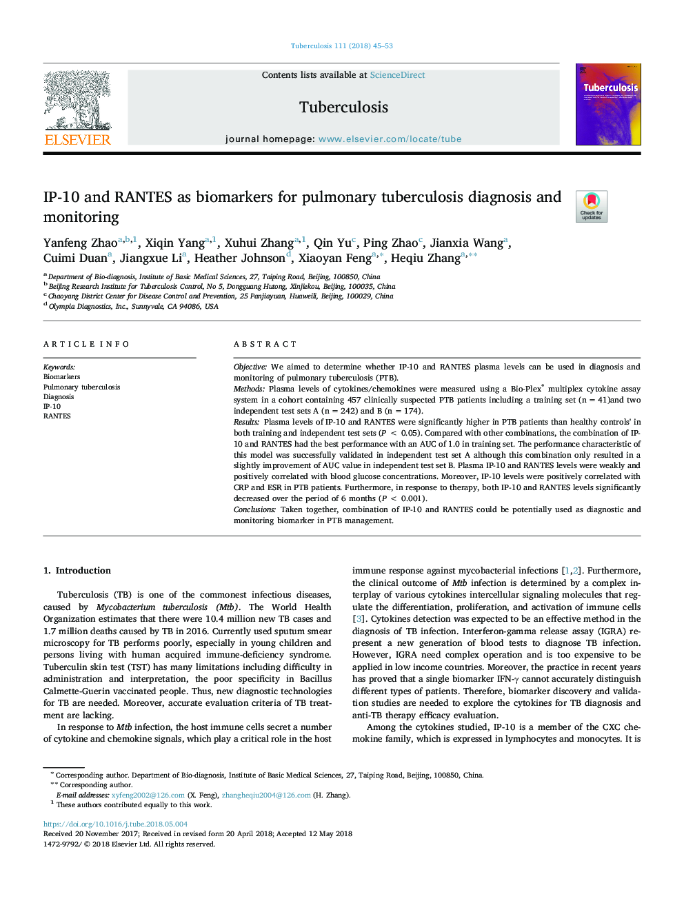 IP-10 and RANTES as biomarkers for pulmonary tuberculosis diagnosis and monitoring