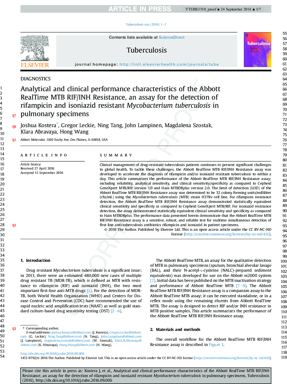 Analytical and clinical performance characteristics of the Abbott RealTime MTB RIF/INH Resistance, an assay for the detection of rifampicin and isoniazid resistant Mycobacterium tuberculosis in pulmonary specimens