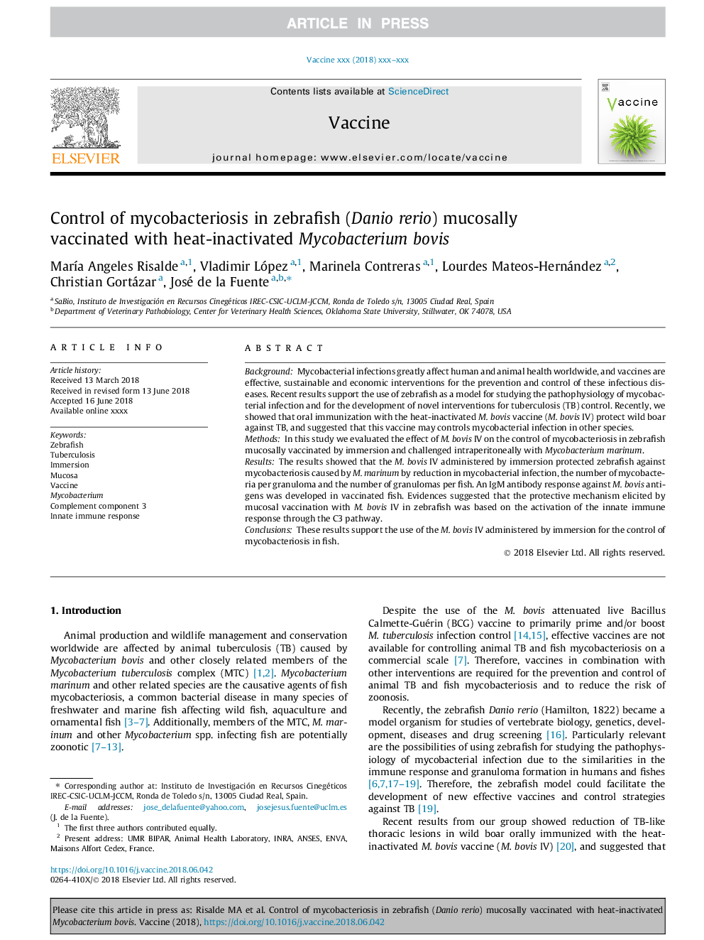 Control of mycobacteriosis in zebrafish (Danio rerio) mucosally vaccinated with heat-inactivated Mycobacterium bovis