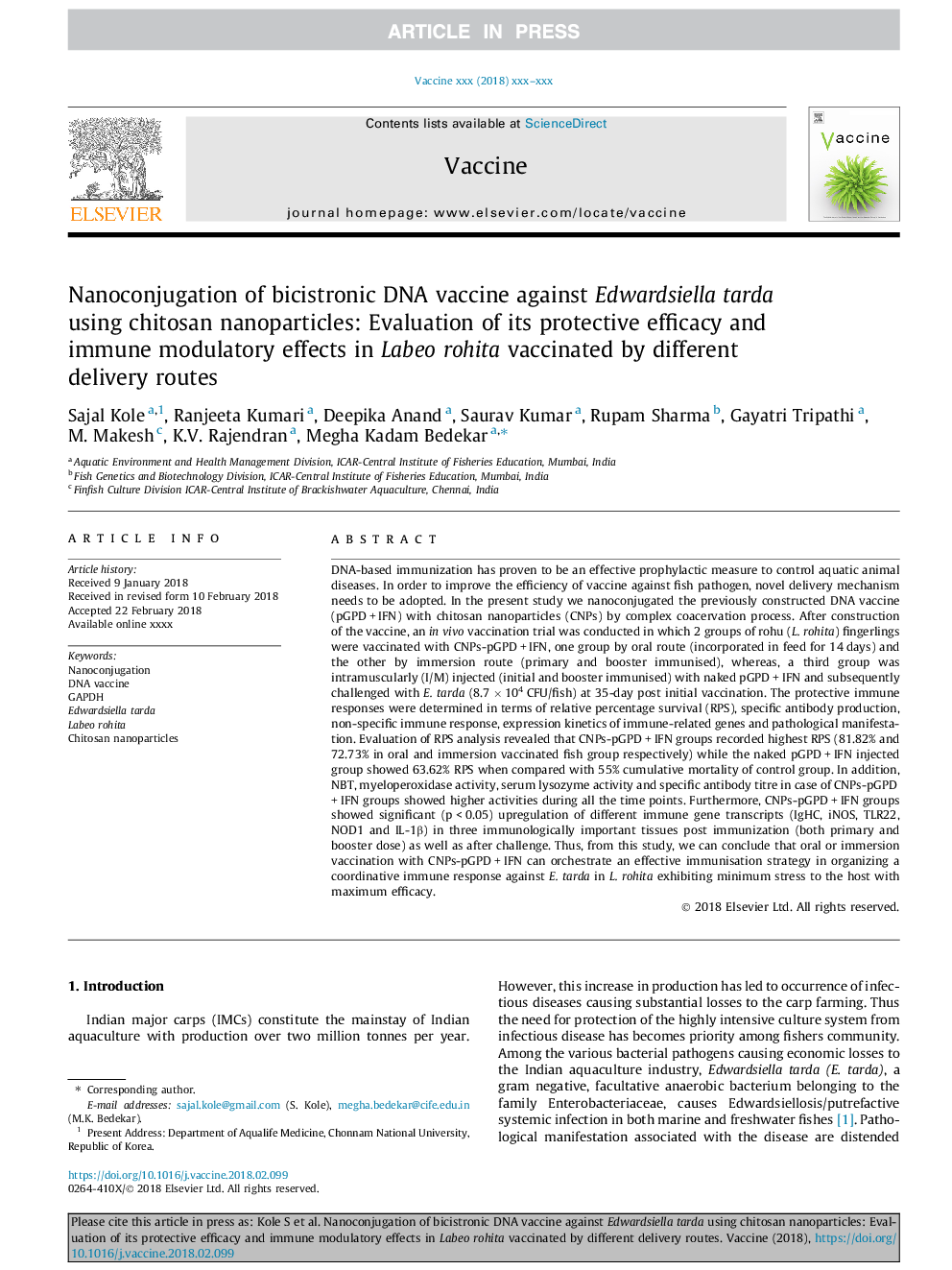 Nanoconjugation of bicistronic DNA vaccine against Edwardsiella tarda using chitosan nanoparticles: Evaluation of its protective efficacy and immune modulatory effects in Labeo rohita vaccinated by different delivery routes