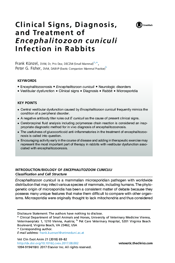 علائم بالینی، تشخیص و درمان عفونت کانسیولیس انسفالیتوزون در خرگوش 