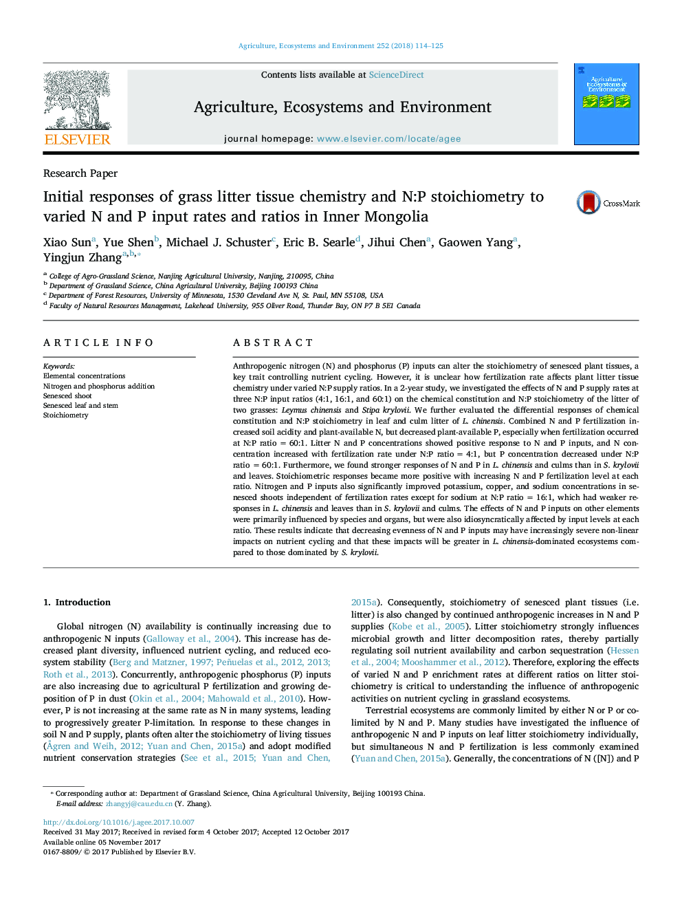 Initial responses of grass litter tissue chemistry and N:P stoichiometry to varied N and P input rates and ratios in Inner Mongolia