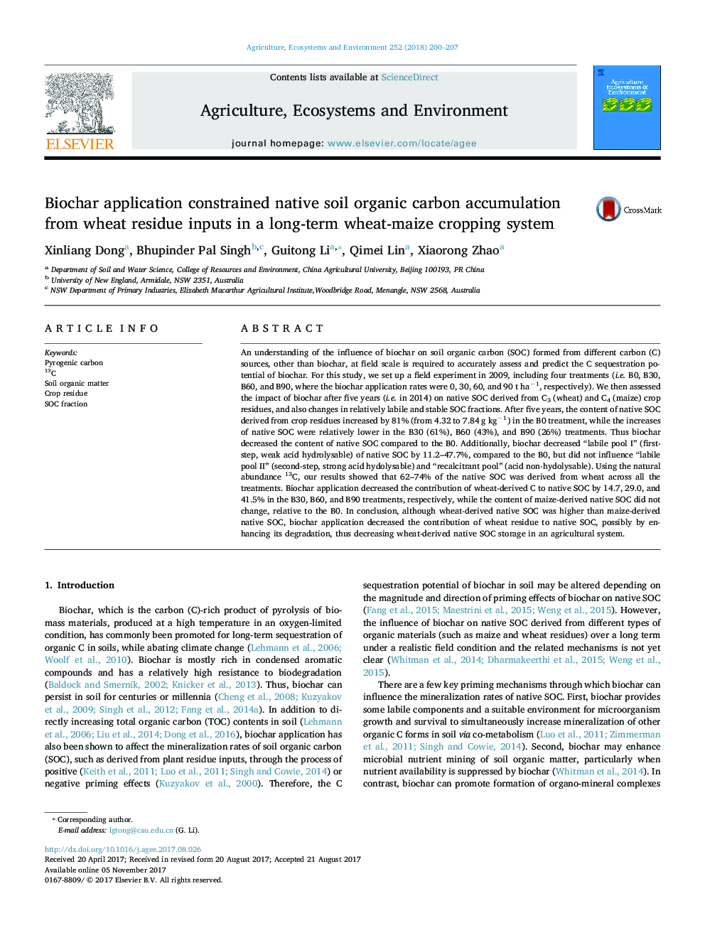 Biochar application constrained native soil organic carbon accumulation from wheat residue inputs in a long-term wheat-maize cropping system