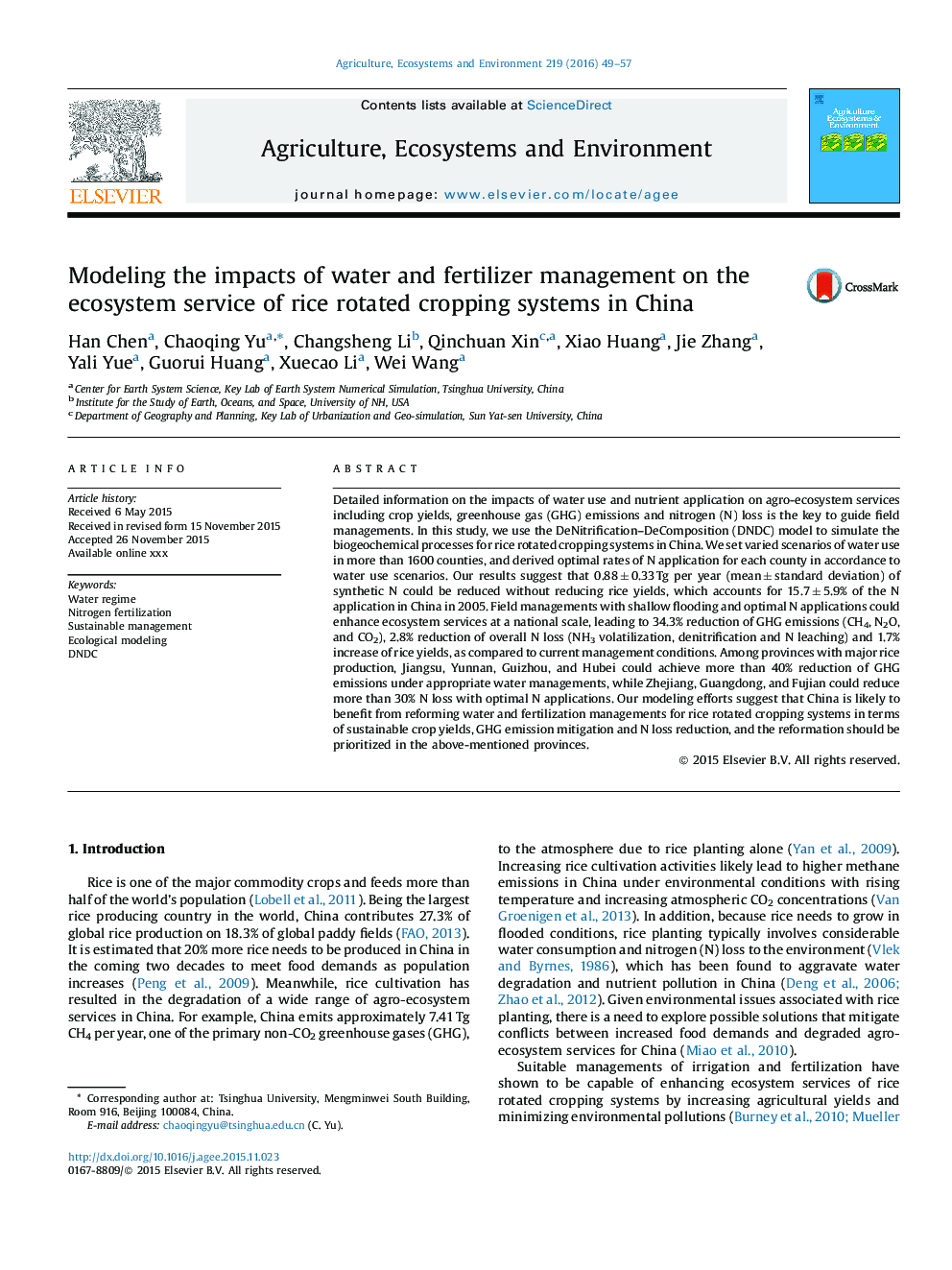 مدل سازی اثرات مدیریت آب و کود بر روی خدمات اکوسیستم سیستم های برداشت برنج در چین 