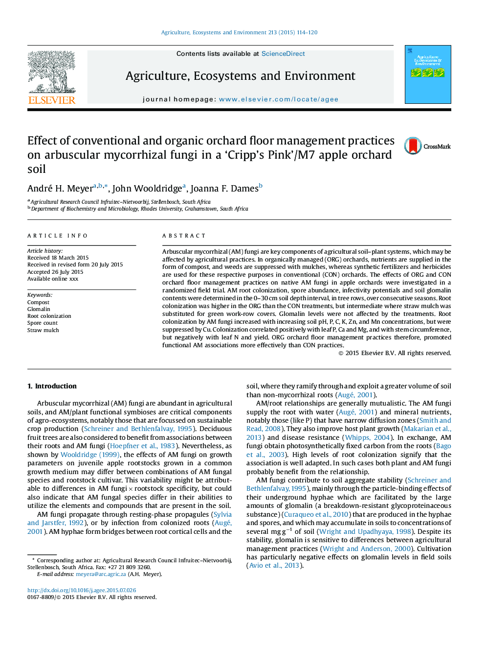 Effect of conventional and organic orchard floor management practices on arbuscular mycorrhizal fungi in a 'Cripp's Pink'/M7 apple orchard soil