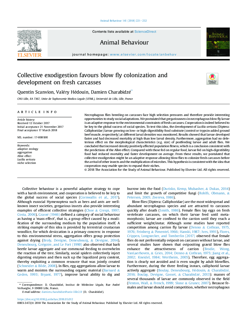 Collective exodigestion favours blow fly colonization and development on fresh carcasses