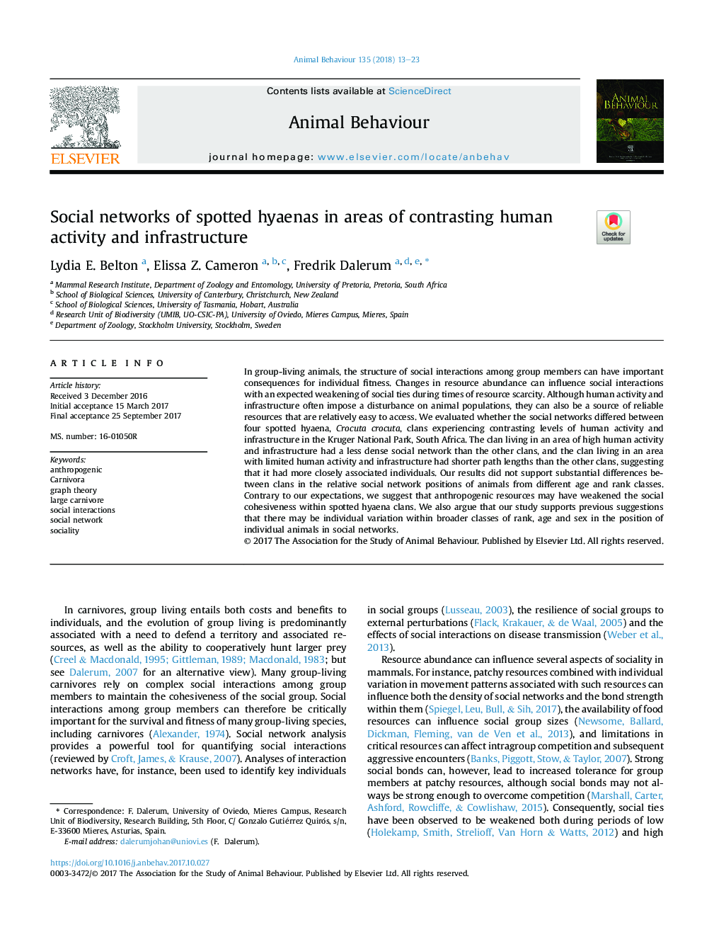 Social networks of spotted hyaenas in areas of contrasting human activity and infrastructure