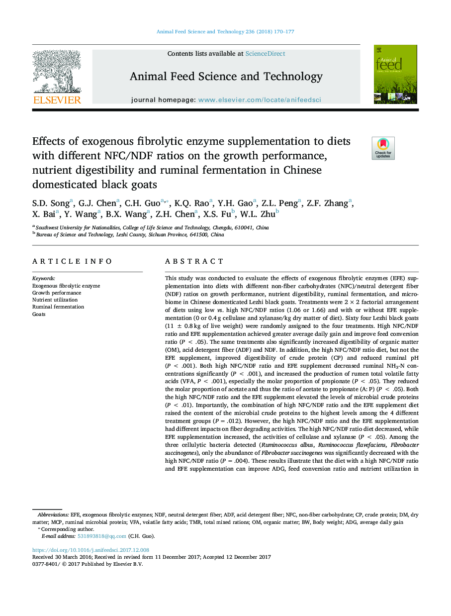 Effects of exogenous fibrolytic enzyme supplementation to diets with different NFC/NDF ratios on the growth performance, nutrient digestibility and ruminal fermentation in Chinese domesticated black goats