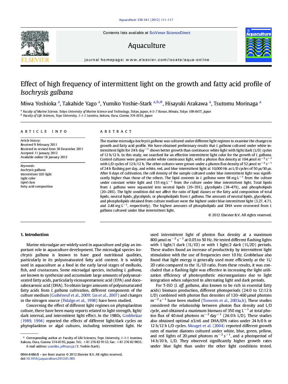 Effect of high frequency of intermittent light on the growth and fatty acid profile of Isochrysis galbana