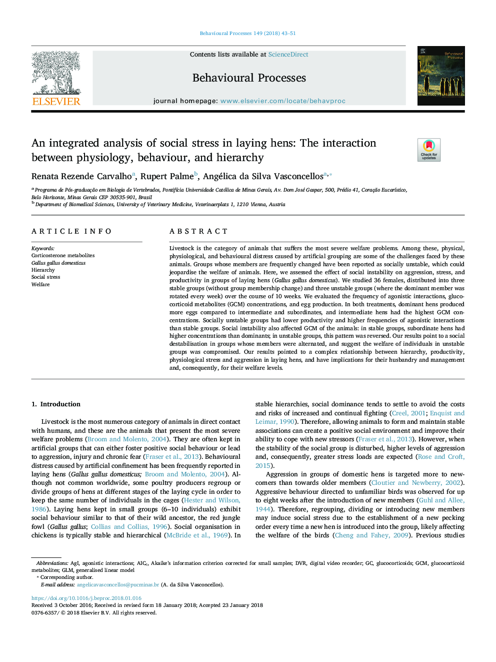 یک تجزیه و تحلیل یکپارچه از استرس اجتماعی در مرغ تخمگذار: تعامل بین فیزیولوژی، رفتار و سلسله مراتب 