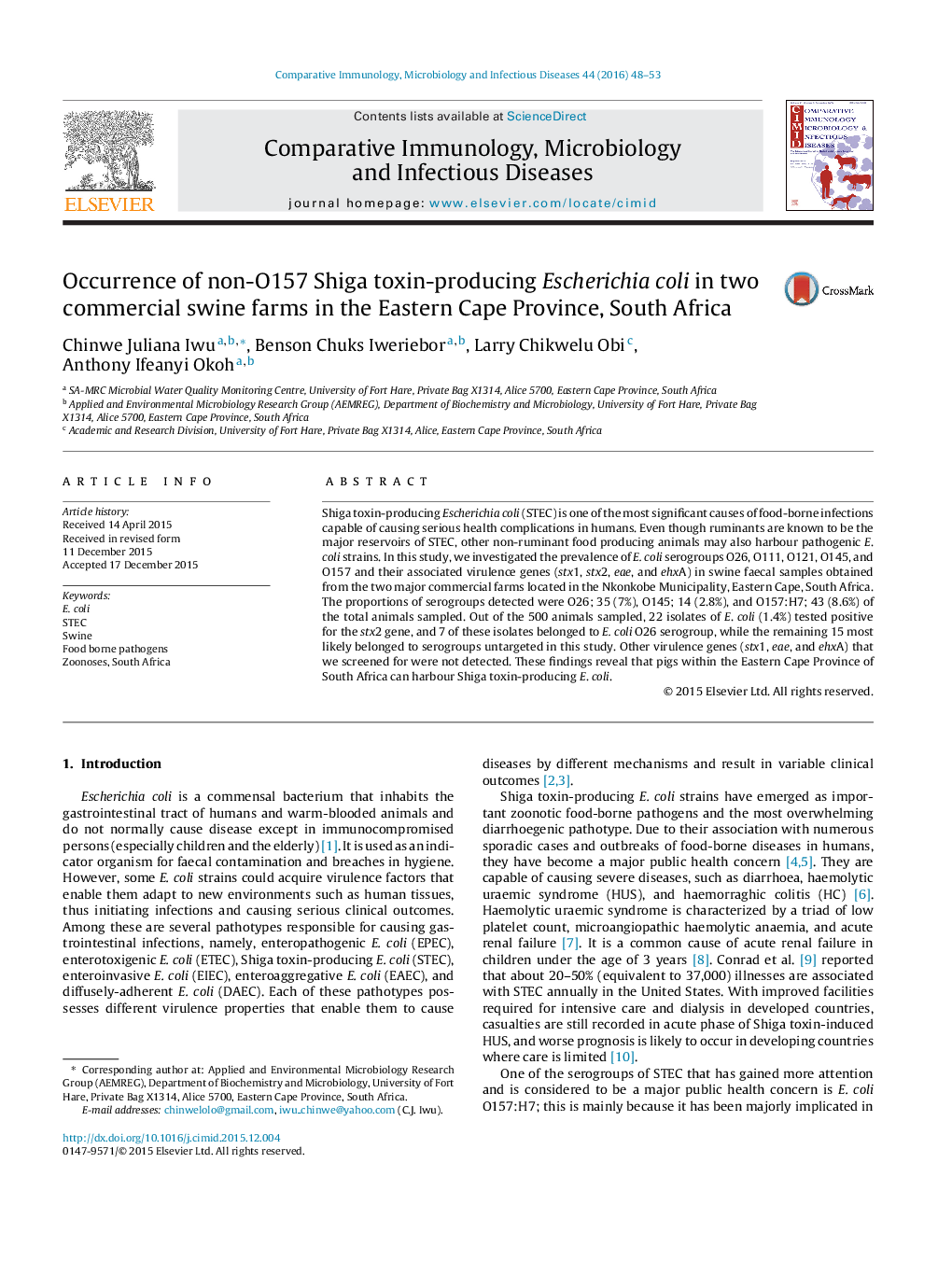 Occurrence of non-O157 Shiga toxin-producing Escherichia coli in two commercial swine farms in the Eastern Cape Province, South Africa