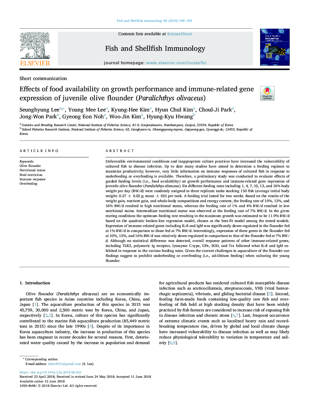 Effects of food availability on growth performance and immune-related gene expression of juvenile olive flounder (Paralichthys olivaceus)