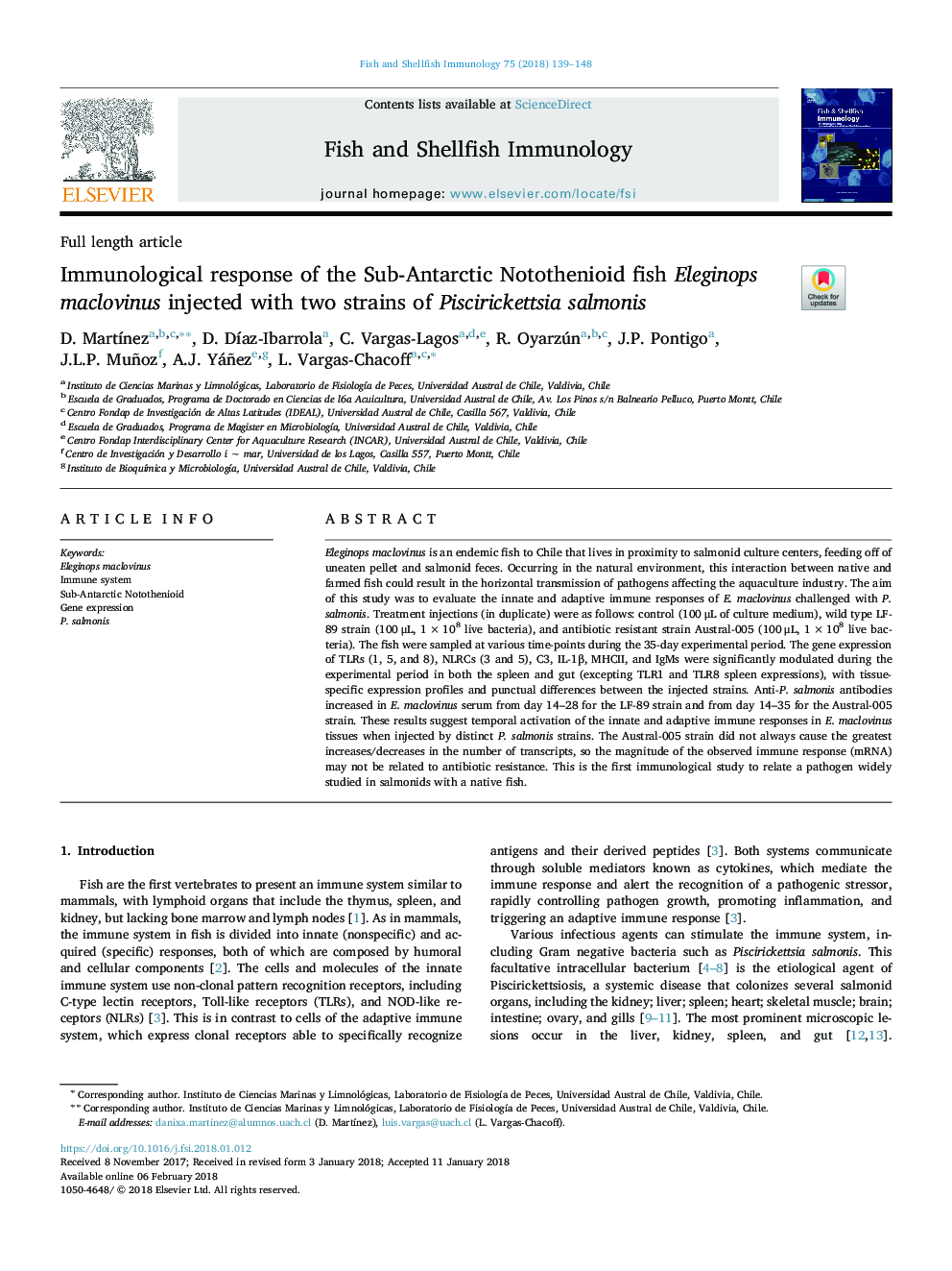 Immunological response of the Sub-Antarctic Notothenioid fish Eleginops maclovinus injected with two strains of Piscirickettsia salmonis