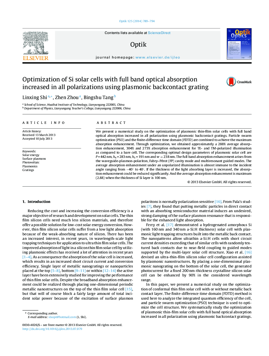 Optimization of Si solar cells with full band optical absorption increased in all polarizations using plasmonic backcontact grating