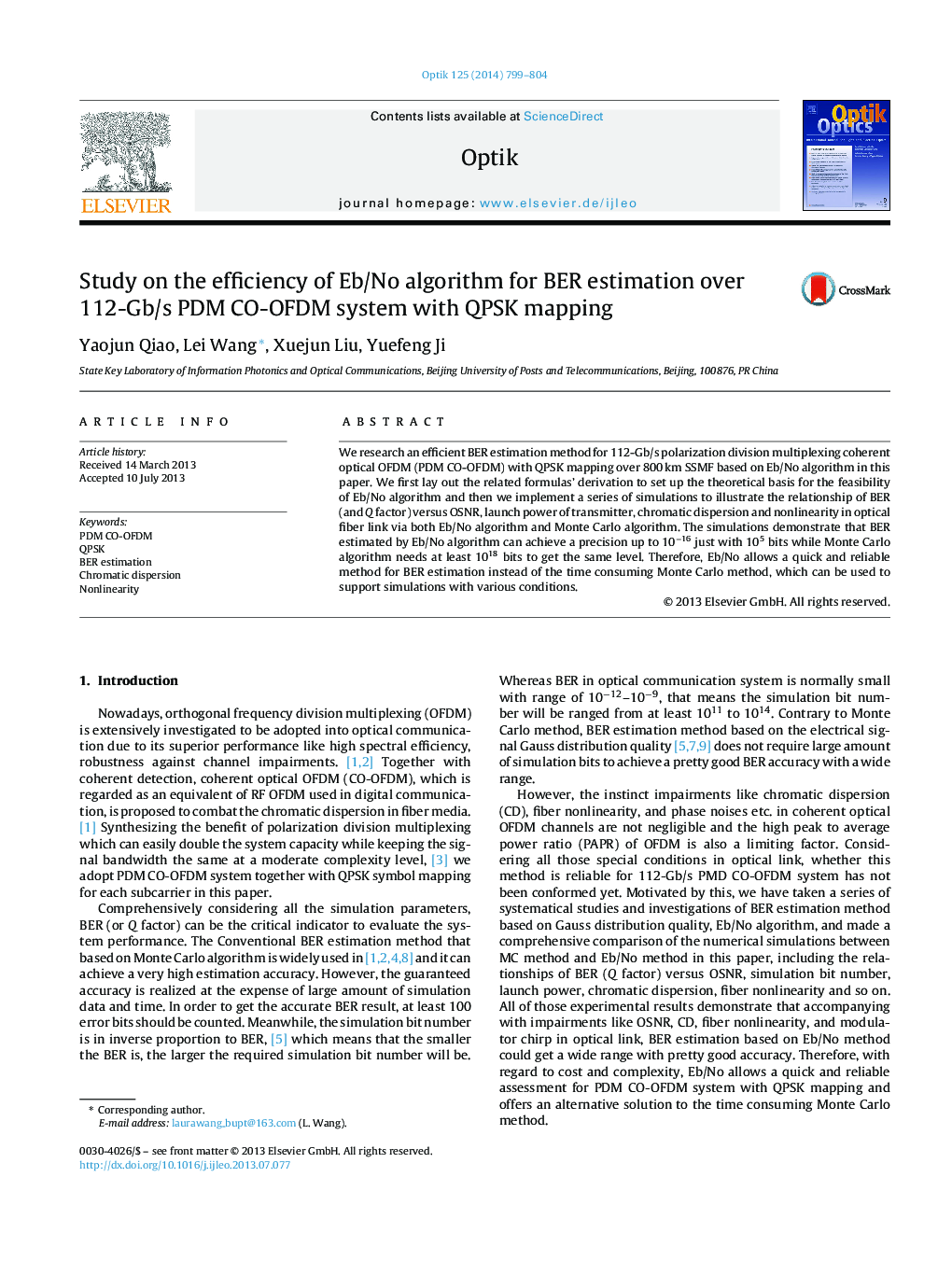 Study on the efficiency of Eb/No algorithm for BER estimation over 112-Gb/s PDM CO-OFDM system with QPSK mapping