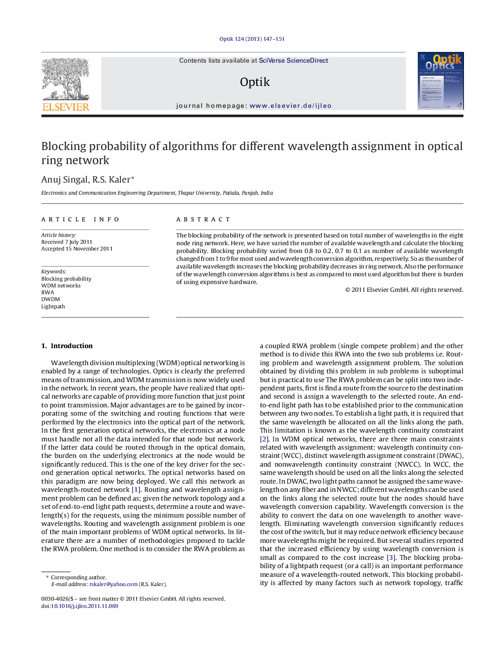 Blocking probability of algorithms for different wavelength assignment in optical ring network