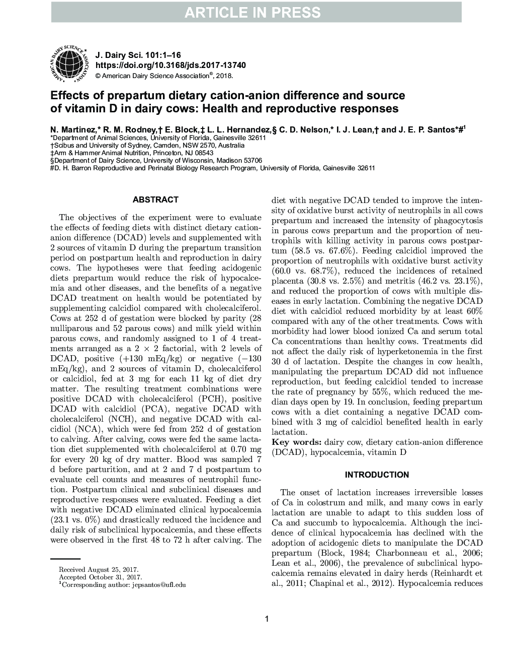 Effects of prepartum dietary cation-anion difference and source of vitamin D in dairy cows: Health and reproductive responses