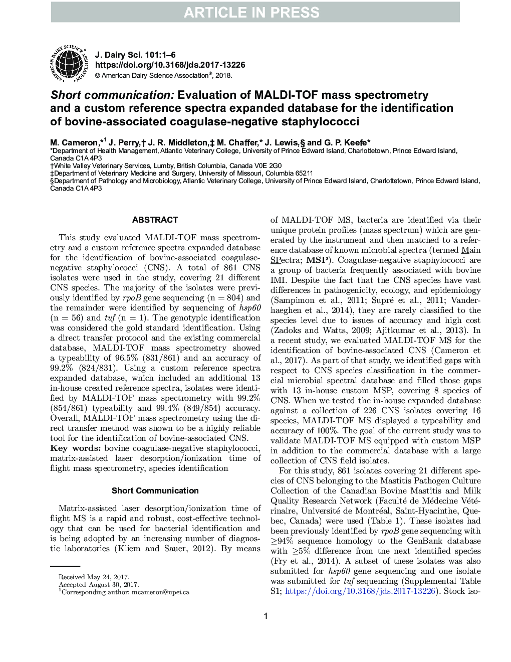 Short communication: Evaluation of MALDI-TOF mass spectrometry and a custom reference spectra expanded database for the identification of bovine-associated coagulase-negative staphylococci
