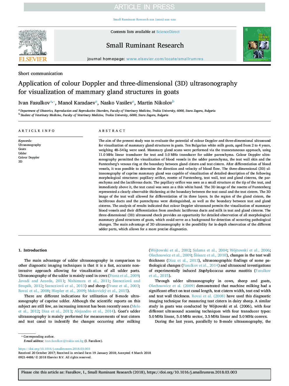 Application of colour Doppler and three-dimensional (3D) ultrasonography for visualization of mammary gland structures in goats