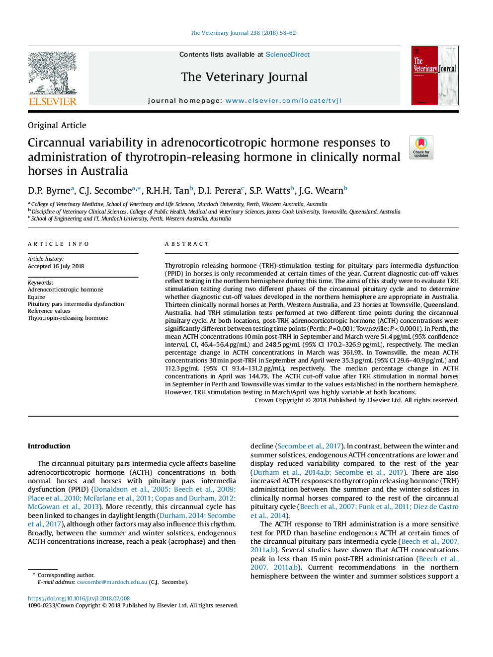 تنوع طوالنی در پاسخ هورمون های آدرنوکورتیکوتروپیک به مصرف هورمون آزاد کننده تیروتروپین در اسب های بالینی طبیعی استرالیا 
