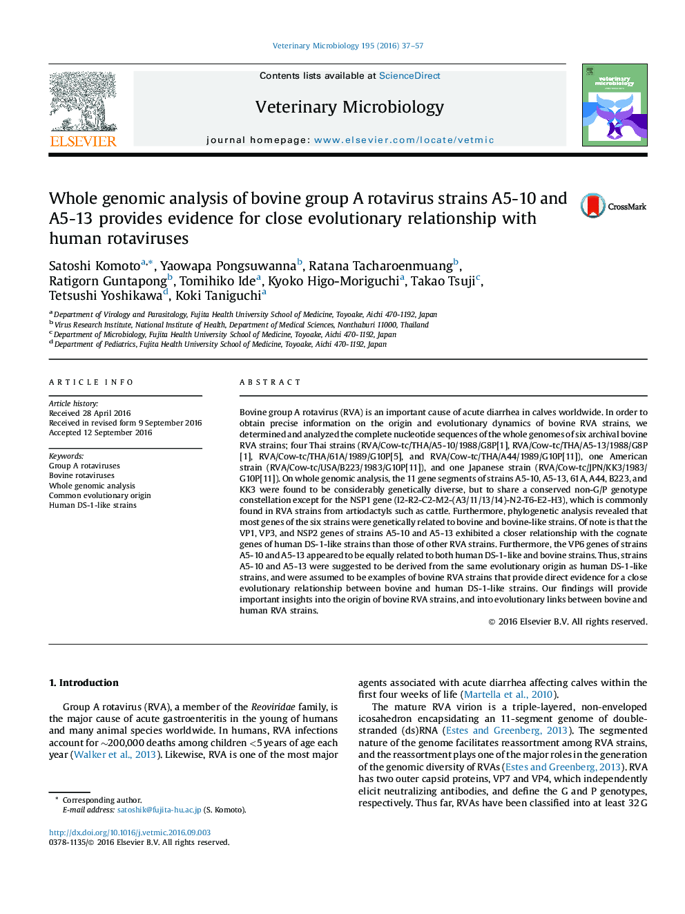 Whole genomic analysis of bovine group A rotavirus strains A5-10 and A5-13 provides evidence for close evolutionary relationship with human rotaviruses