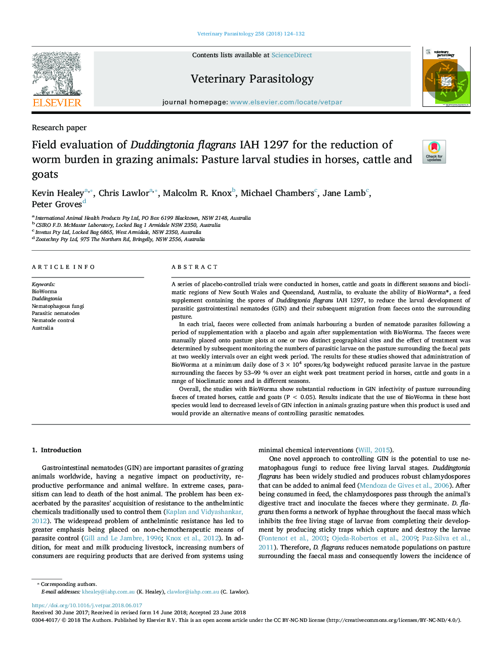 Field evaluation of Duddingtonia flagrans IAH 1297 for the reduction of worm burden in grazing animals: Pasture larval studies in horses, cattle and goats