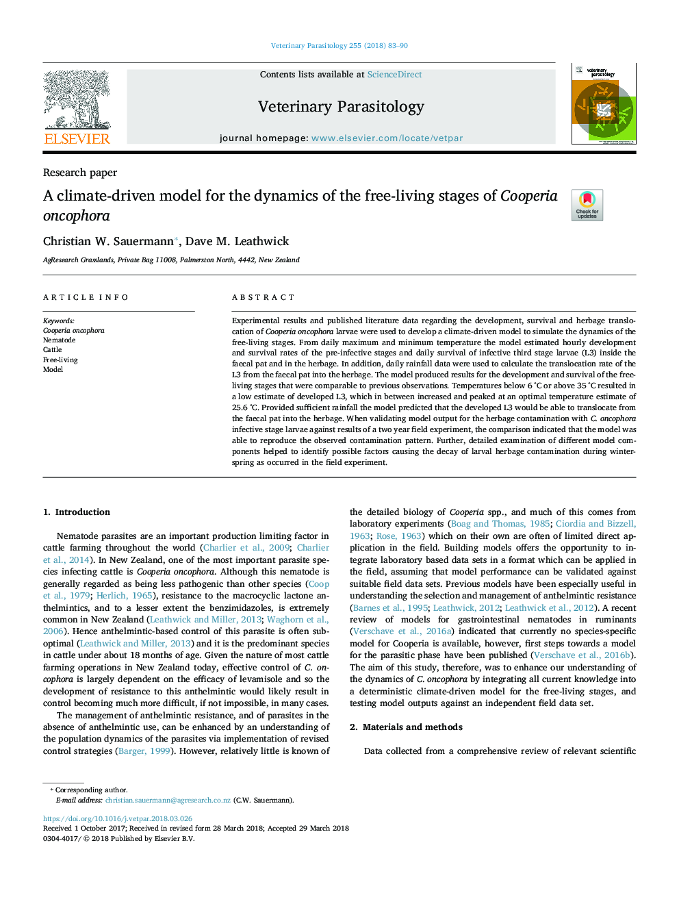 A climate-driven model for the dynamics of the free-living stages of Cooperia oncophora