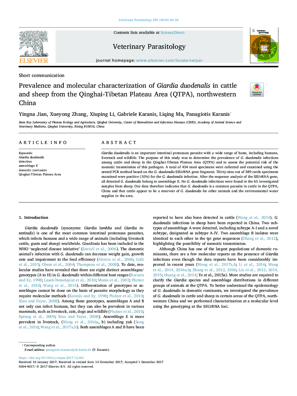 Prevalence and molecular characterization of Giardia duodenalis in cattle and sheep from the Qinghai-Tibetan Plateau Area (QTPA), northwestern China